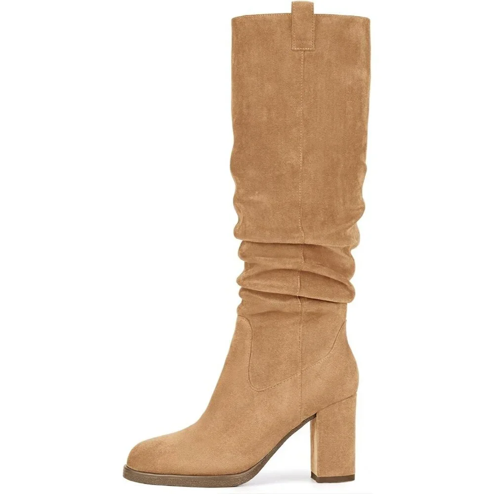 Women's Camel Tall Chunky High Heel Side Zipper Party With Knee High Boots